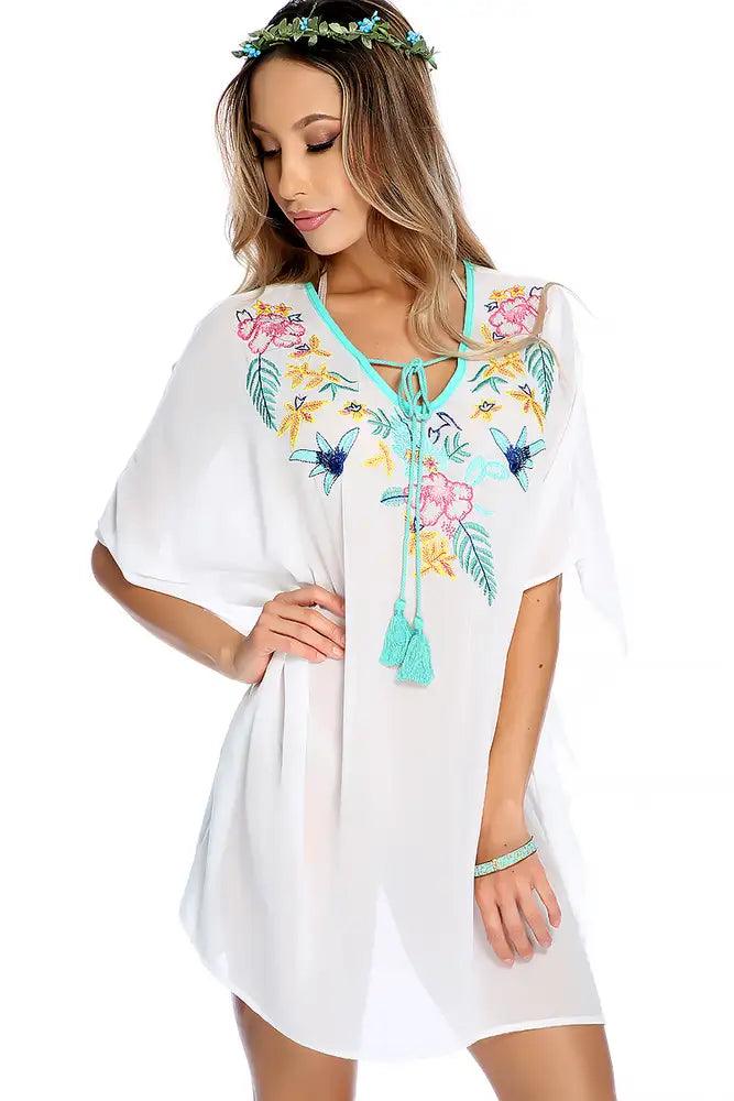 Sexy White Chiffon Flower Embroider Swimsuit Cover Up Beach Vacation Wear - AMIClubwear