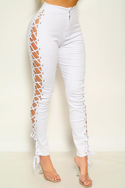 Sexy White Criss-Cross Lace Up Zip Up Pants - AMIClubwear