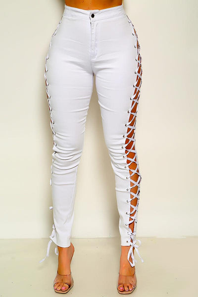 Sexy White Criss-Cross Lace Up Zip Up Pants - AMIClubwear