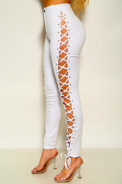 Sexy White Criss-Cross Lace Up Zip Up Pants - AMIClubwear