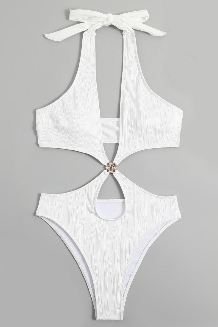 Sexy White Criss Cross Monokini Rhinestone Detail - AMIClubwear