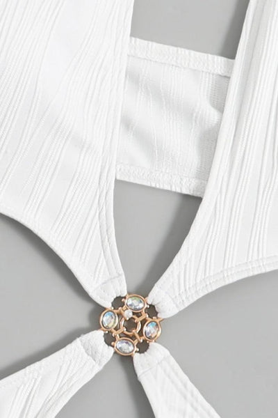 Sexy White Criss Cross Monokini Rhinestone Detail - AMIClubwear