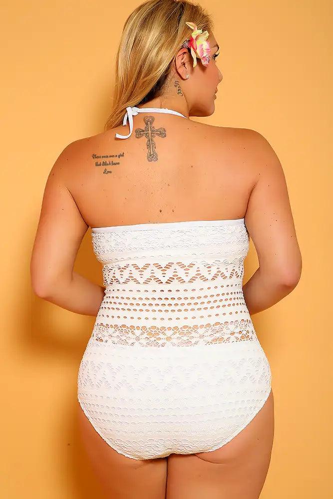 Sexy White Crochet Backless Plus Size One Piece Swimsuit - AMIClubwear