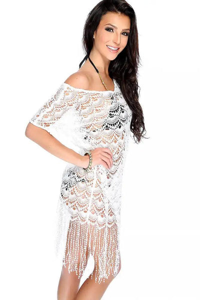 Sexy White Crochet Detailing Quarter Sleeve Swim Cover Up - AMIClubwear