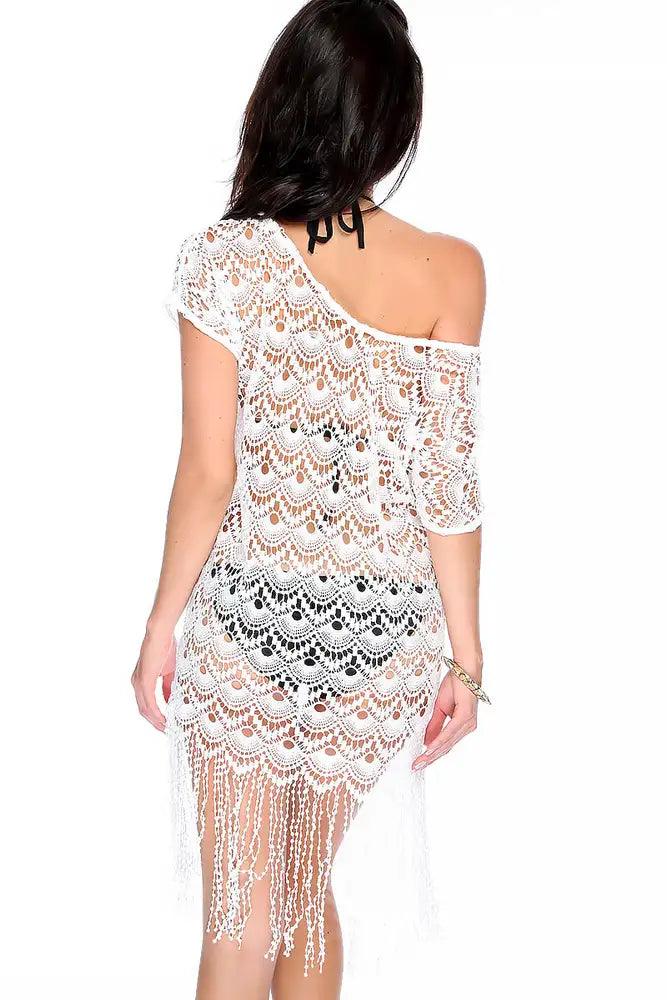 Sexy White Crochet Detailing Quarter Sleeve Swim Cover Up - AMIClubwear