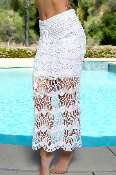 Sexy White Crochet High Waist Maxi Skirt Swimsuit Cover Up - AMIClubwear