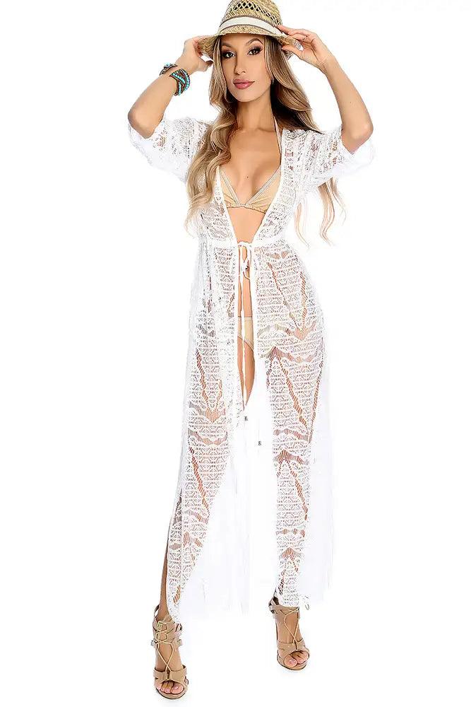 Sexy White Crochet Lace Long Swimsuit Cover Up Beach Vacation Wear - AMIClubwear