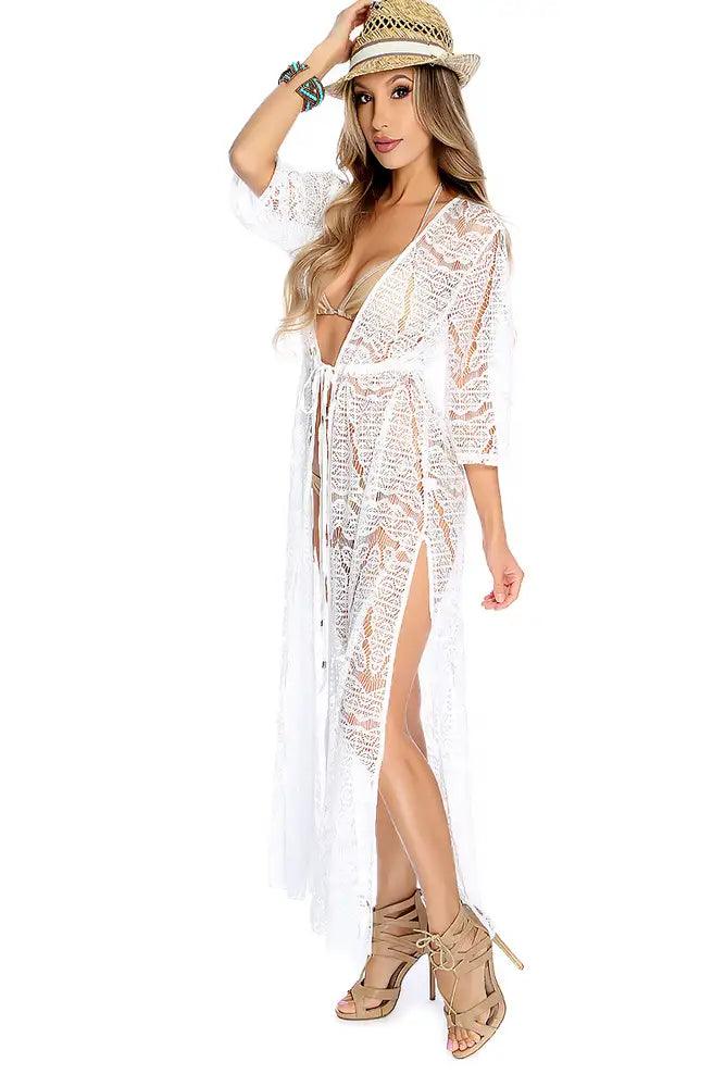Sexy White Crochet Lace Long Swimsuit Cover Up Beach Vacation Wear - AMIClubwear