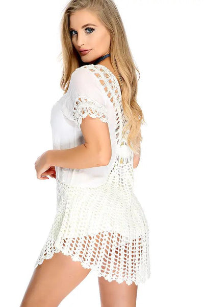 Sexy White Embroider Crochet Short Sleeve Swimsuit Coverup - AMIClubwear