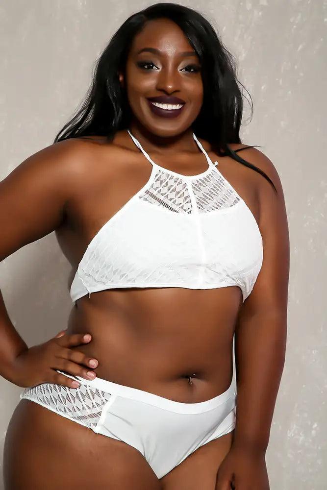 Sexy White Embroider Lace Plus Size Two Piece Swimsuit - AMIClubwear
