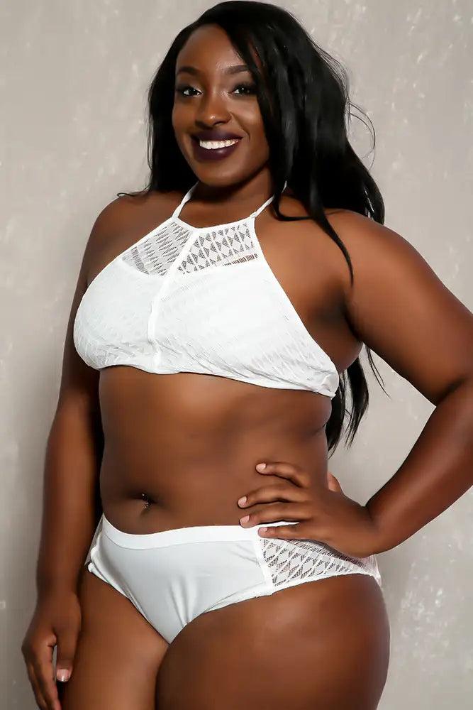 Sexy White Embroider Lace Plus Size Two Piece Swimsuit - AMIClubwear