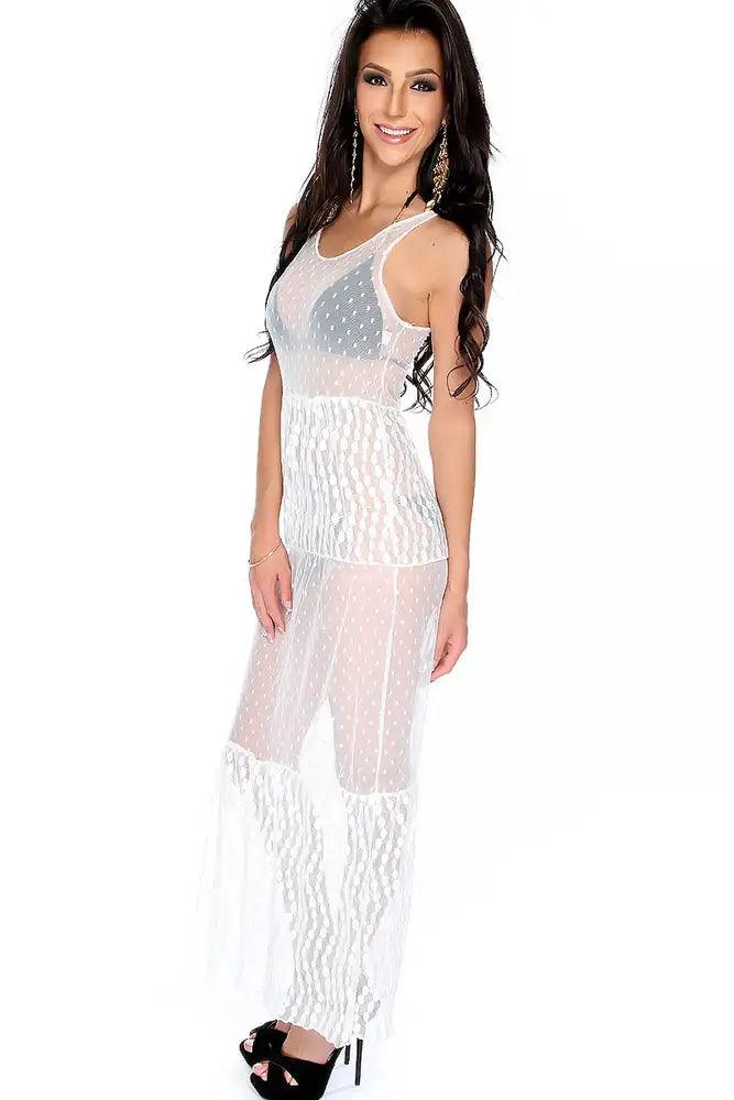 Sexy White Embroider Lace Sleeveless Maxi Cover Up - AMIClubwear