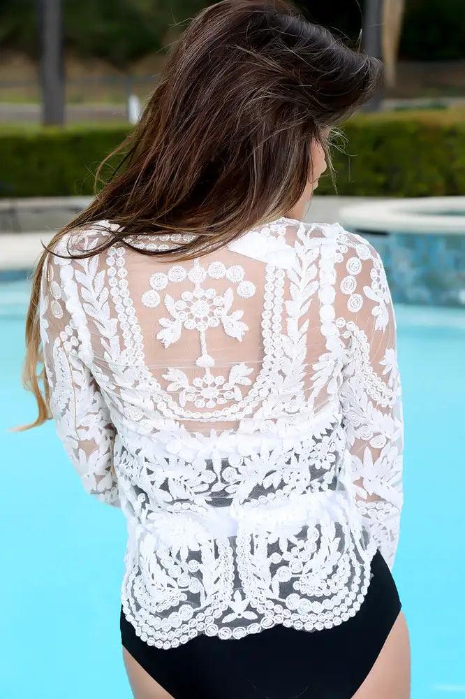 Sexy White Embroidered Crochet Long Sleeve Mesh Swimsuit Cover Up - AMIClubwear
