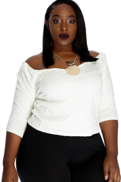 Sexy White Embroidered Floral Long Sleeve V-Cut Plus Size Crop Top - AMIClubwear
