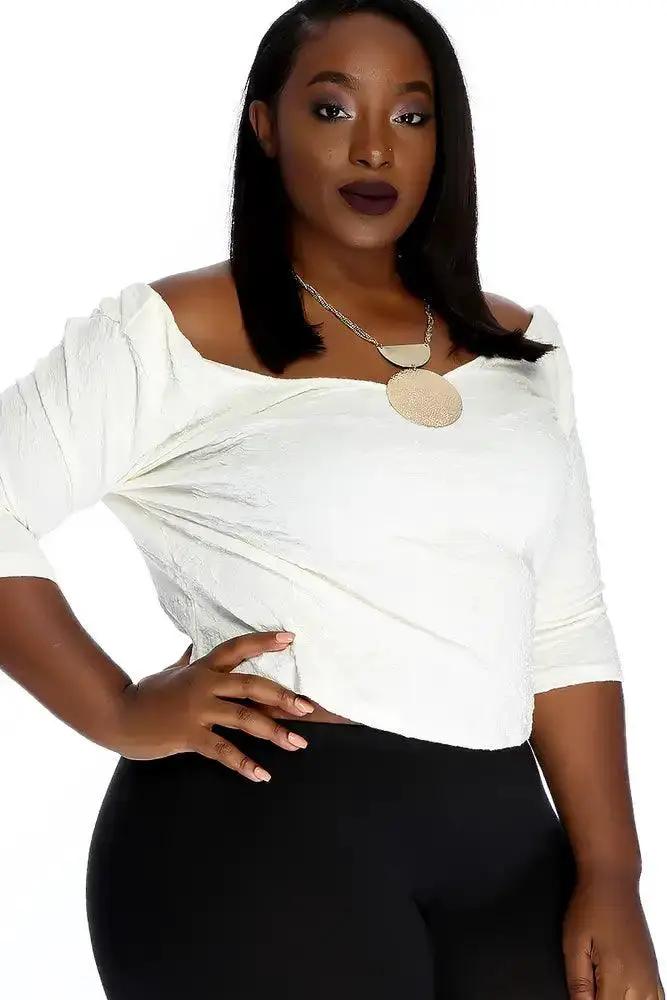 Sexy White Embroidered Floral Long Sleeve V-Cut Plus Size Crop Top