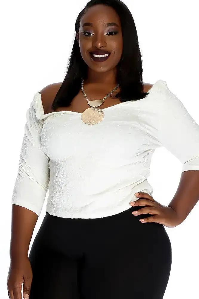Sexy White Embroidered Floral Long Sleeve V-Cut Plus Size Crop Top
