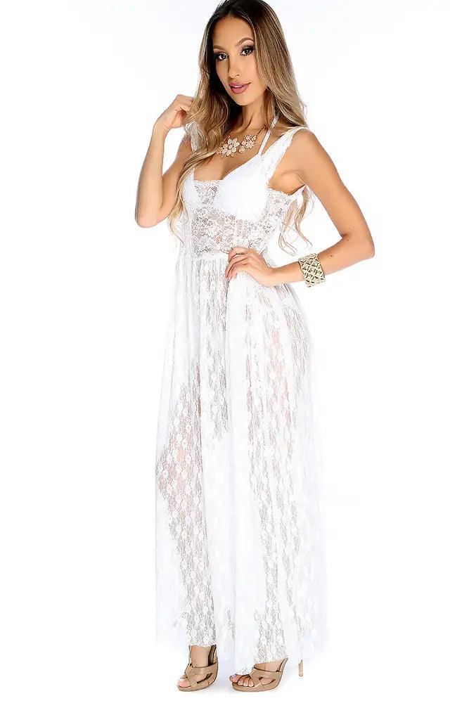 Sexy White Embroidered Lace Sheer Sleeveless Swimsuit Cover Up - AMIClubwear