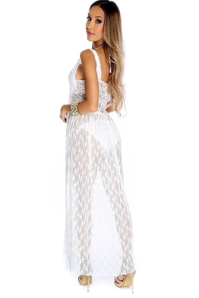 Sexy White Embroidered Lace Sheer Sleeveless Swimsuit Cover Up - AMIClubwear