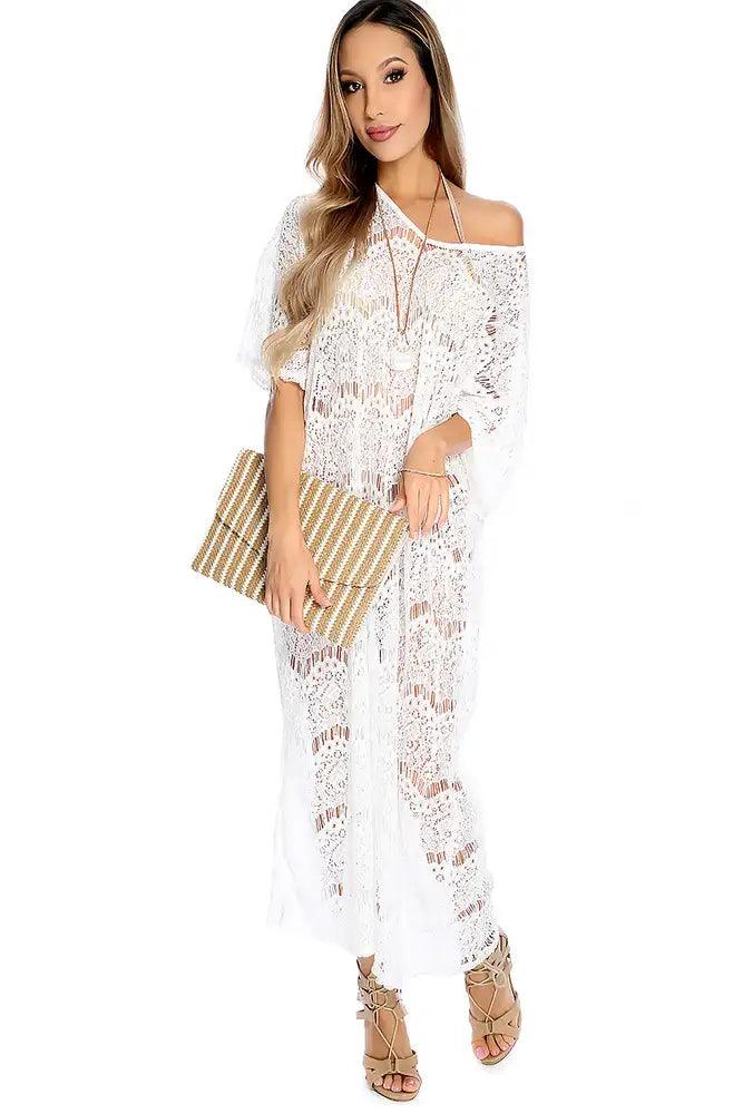 Sexy White Eyelet Lace Maxi Dress Swimsuit Cover Up - AMIClubwear