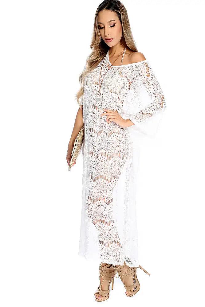 Sexy White Eyelet Lace Maxi Dress Swimsuit Cover Up - AMIClubwear