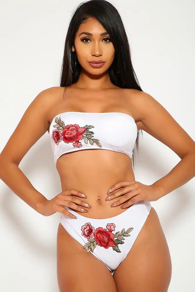 Sexy White Floral Crochet Strapless High Waist Two Piece Swimsuit - AMIClubwear