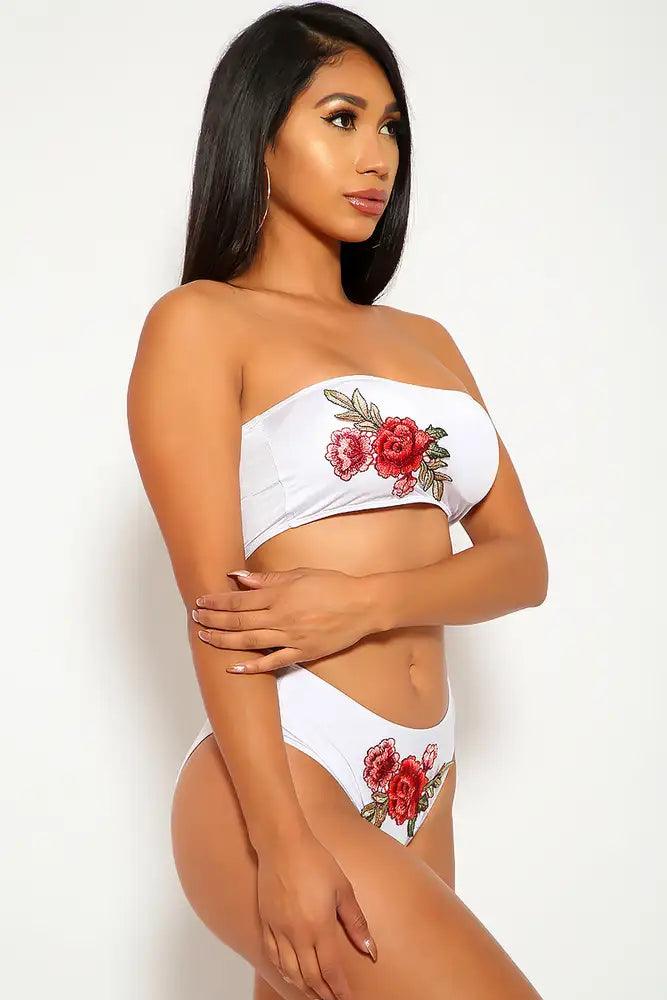 Sexy White Floral Crochet Strapless High Waist Two Piece Swimsuit - AMIClubwear