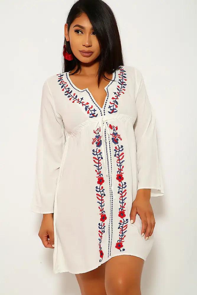 Sexy White Floral Embroider Swimsuit Cover Up Beach Vacation Wear Dress - AMIClubwear