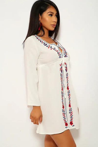 Sexy White Floral Embroider Swimsuit Cover Up Beach Vacation Wear Dress - AMIClubwear