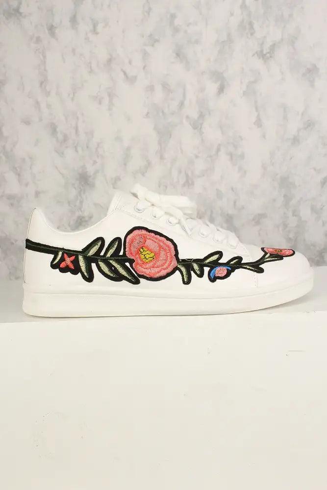 Sexy White Floral Embroidered Lace Up Sneakers Faux Leather - AMIClubwear