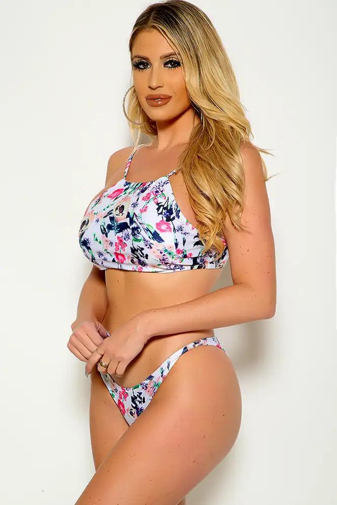 Sexy White Floral Halter Two Piece Swimsuit - AMIClubwear