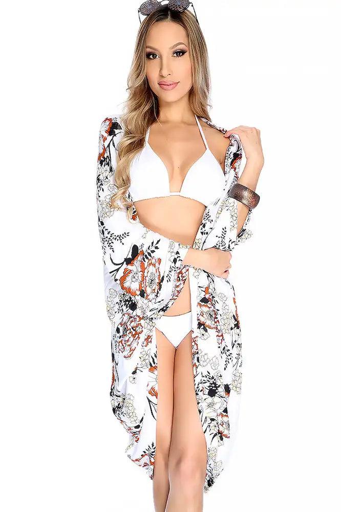 Sexy White Floral Long Sleeve Swim Cover Up - AMIClubwear