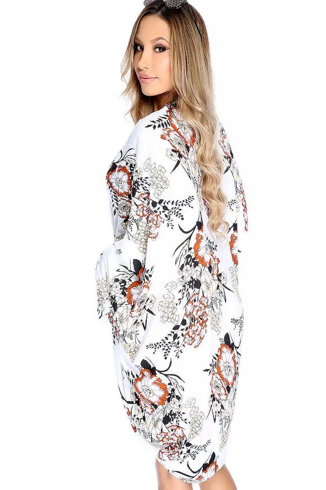 Sexy White Floral Long Sleeve Swim Cover Up - AMIClubwear