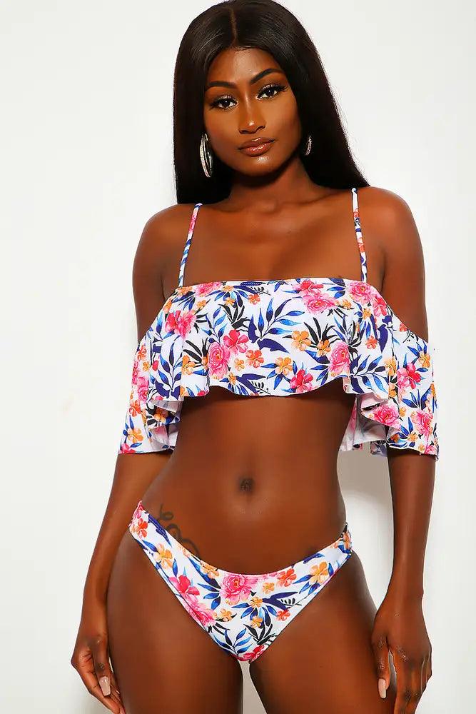 Sexy White Floral Off The Shoulder Padded Two Piece Swimsuit - AMIClubwear