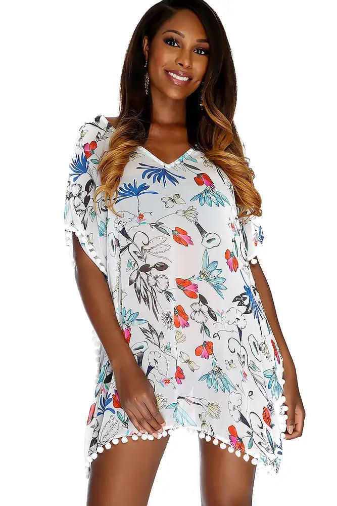 Sexy White Floral Pom Pom Accent One Piece Swimsuit Cover Up - AMIClubwear