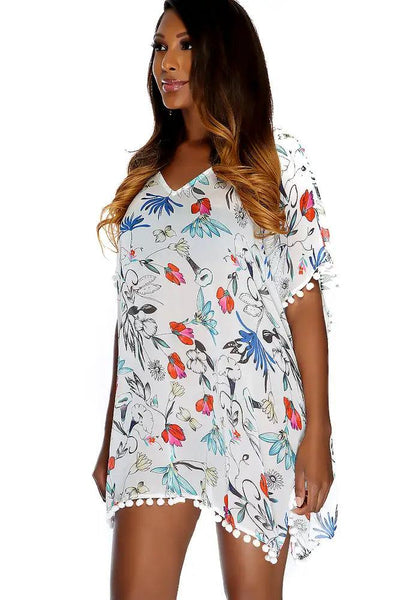 Sexy White Floral Pom Pom Accent One Piece Swimsuit Cover Up - AMIClubwear