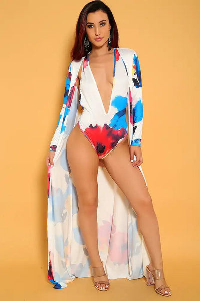 Sexy White Floral Print 2 Piece Swimsuit Set - AMIClubwear