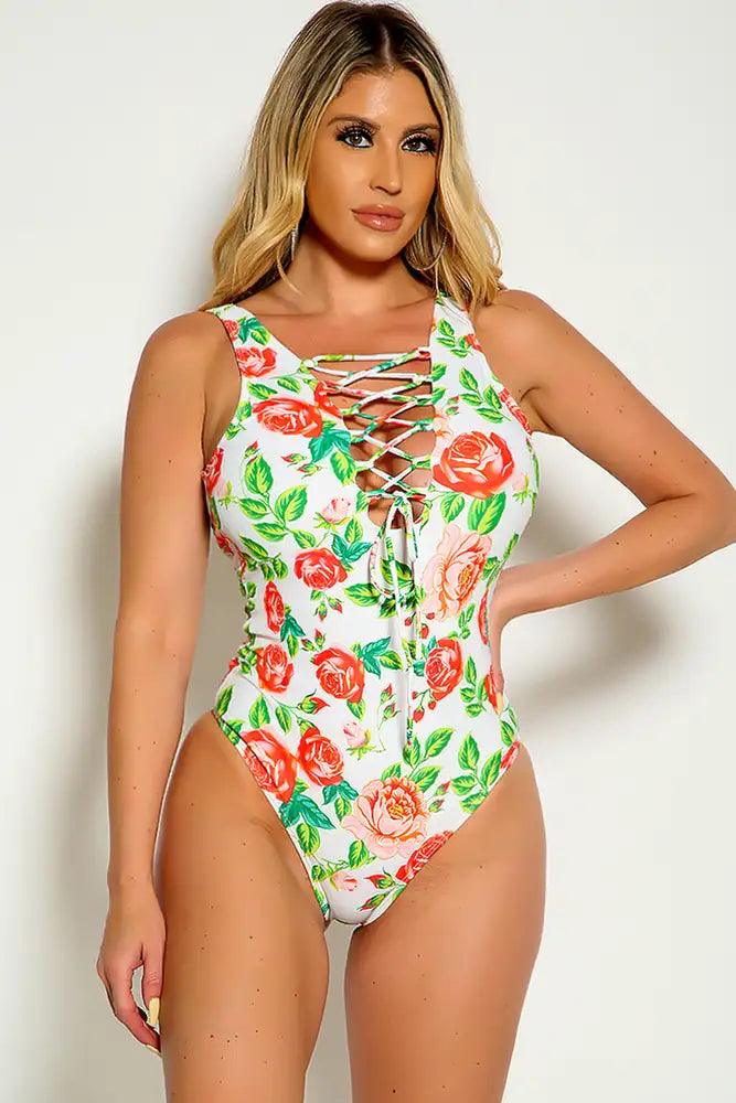 Sexy White Floral Print Lace Up Padded One Piece Swimsuit - AMIClubwear