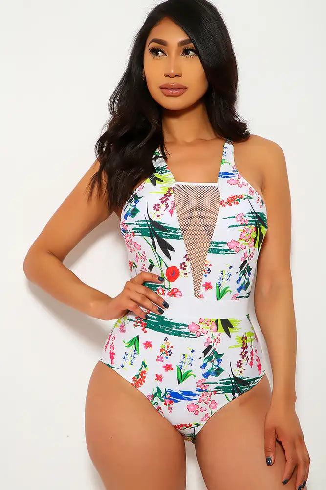 Sexy White Floral Print Netted Detail One Piece Swimsuit - AMIClubwear