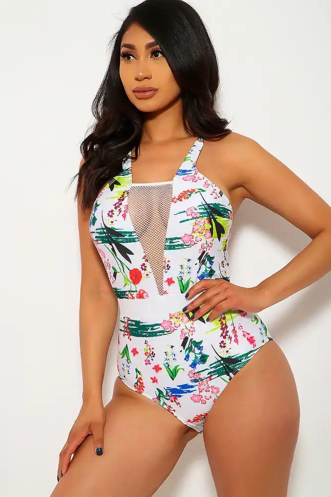 Sexy White Floral Print Netted Detail One Piece Swimsuit - AMIClubwear