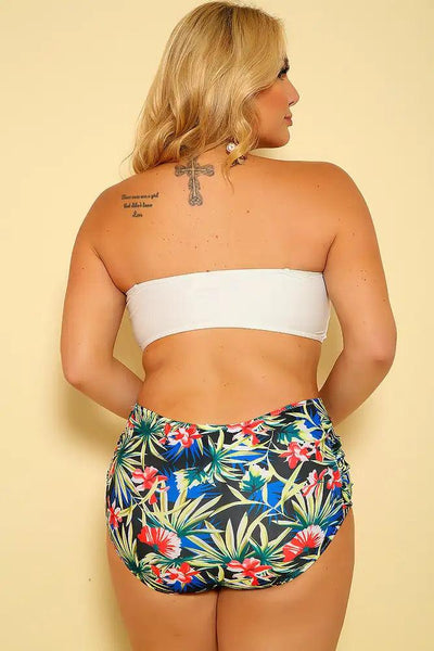 Sexy White Floral Printed Bandeau Strappy Plus Size Two Piece Swimsuit - AMIClubwear