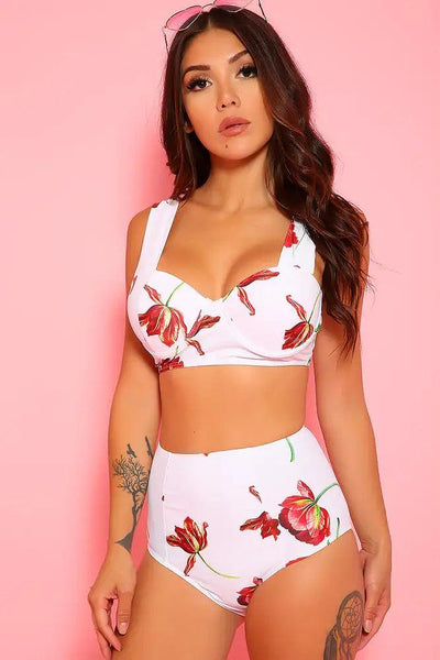 Sexy White Floral Push Up High Waist Two Piece Swimsuit - AMIClubwear