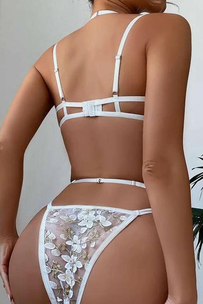 Sexy White Floral Underwire Silver Chain Garter 3 Pc Lingerie Set - AMIClubwear