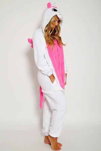 Sexy White Fuchsia Faux Fur Unicorn Pajama Onesie Sleepwear - AMIClubwear