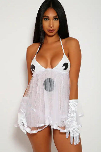 Sexy White Ghost Halter Two Piece Costume - AMIClubwear