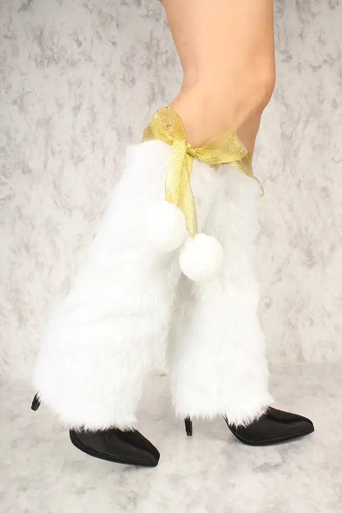 Sexy White Gold Faux Fur Knee High Leg Warmers Costume Accessory - AMIClubwear