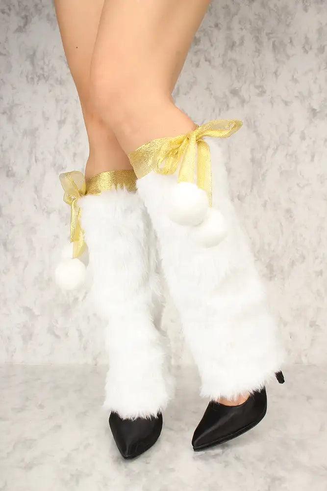 Sexy White Gold Faux Fur Knee High Leg Warmers Costume Accessory - AMIClubwear