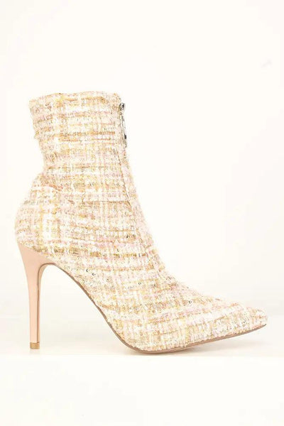 Sexy White Gold Pointy Toe High Heels Booties Tweed - AMIClubwear