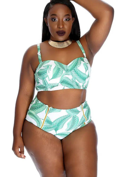 Sexy White Green Leaf Print High Waist Two Piece Plus Size Swimsuit - AMIClubwear