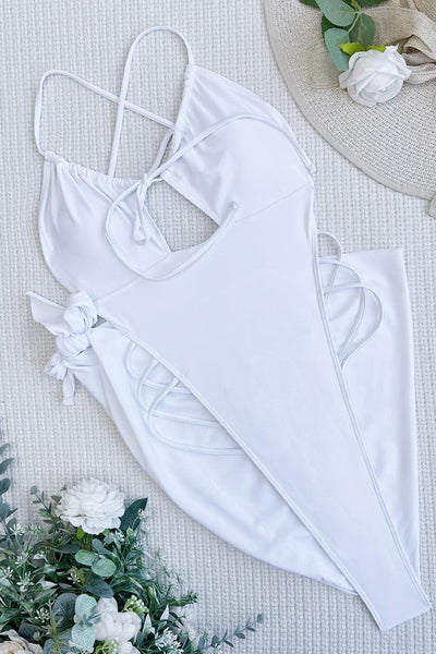 Sexy White Halter Backless Monokini With Cover Up - AMIClubwear