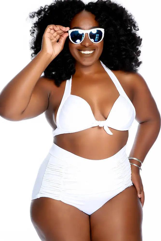 Sexy White Halter Strap Pleated High Waisted Ruched Two Piece Swimsuit Plus - AMIClubwear